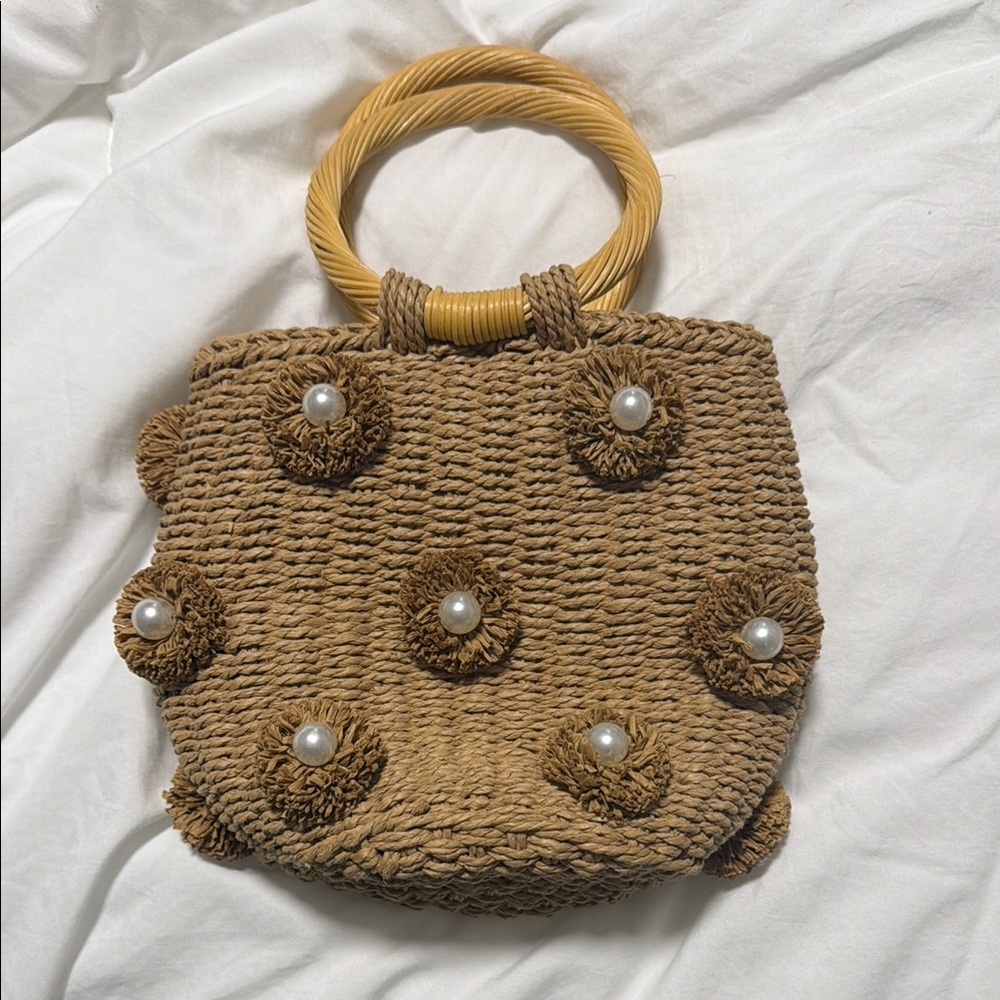 Woven Pearl Accent Straw Tote Bag - Brown